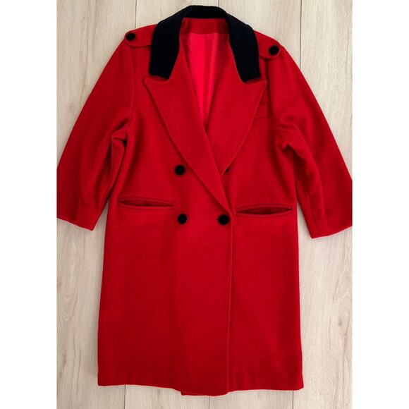 Vintage 80s Women's Red Wool Pea Coat Black Velvet Collar with Epaulets Size 12 - Picture 2 of 16